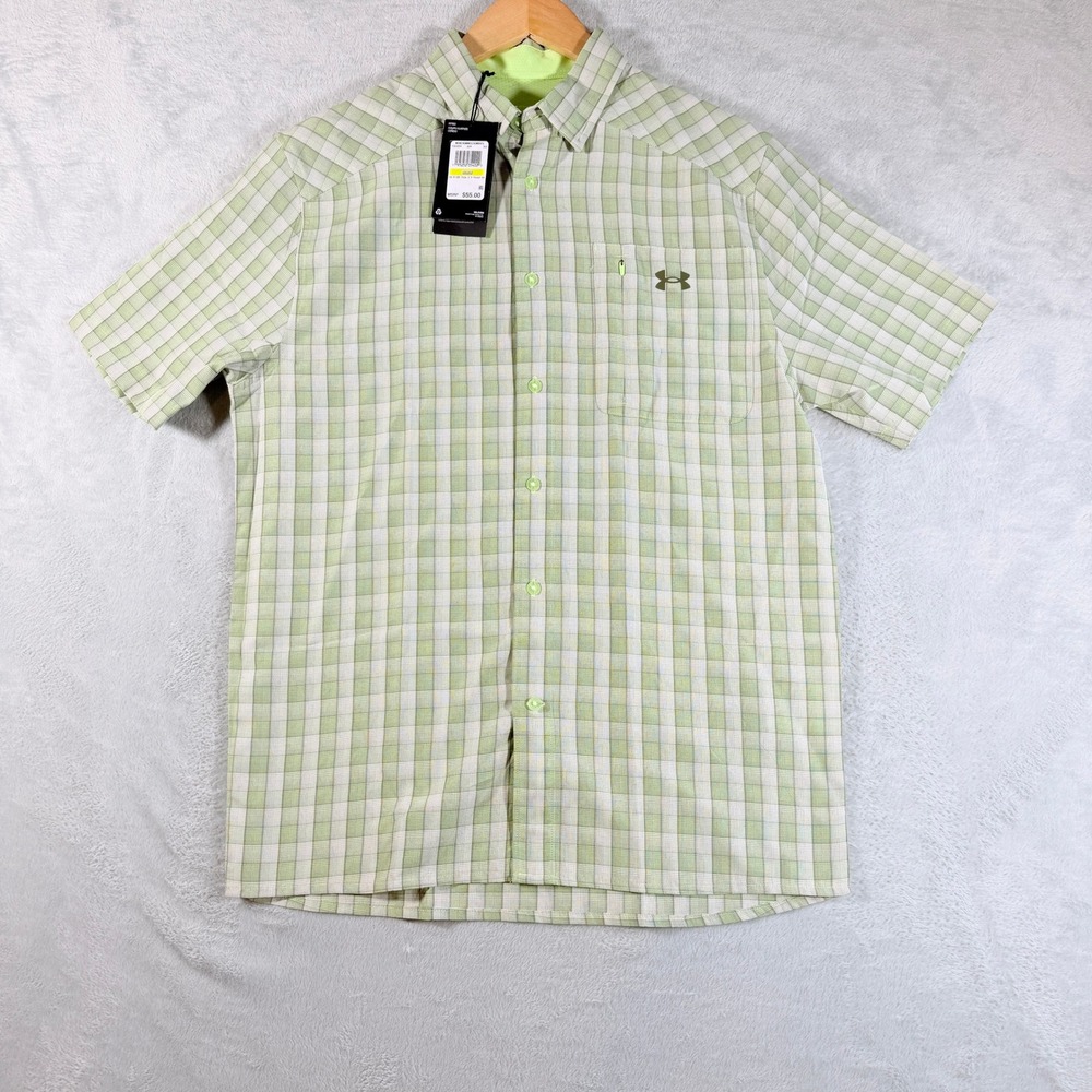 New Under Armour Men M Drift Tide 2.0 Plaid SS Short Sleeve Shirt Green Fitted